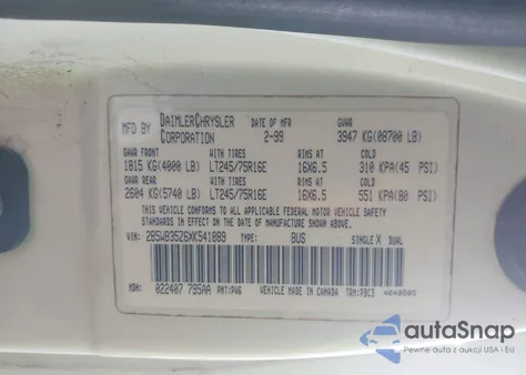 1999 Dodge Ram Wagon z USA, uszkodzony, nr VIN 2B5WB35Z6XK541889